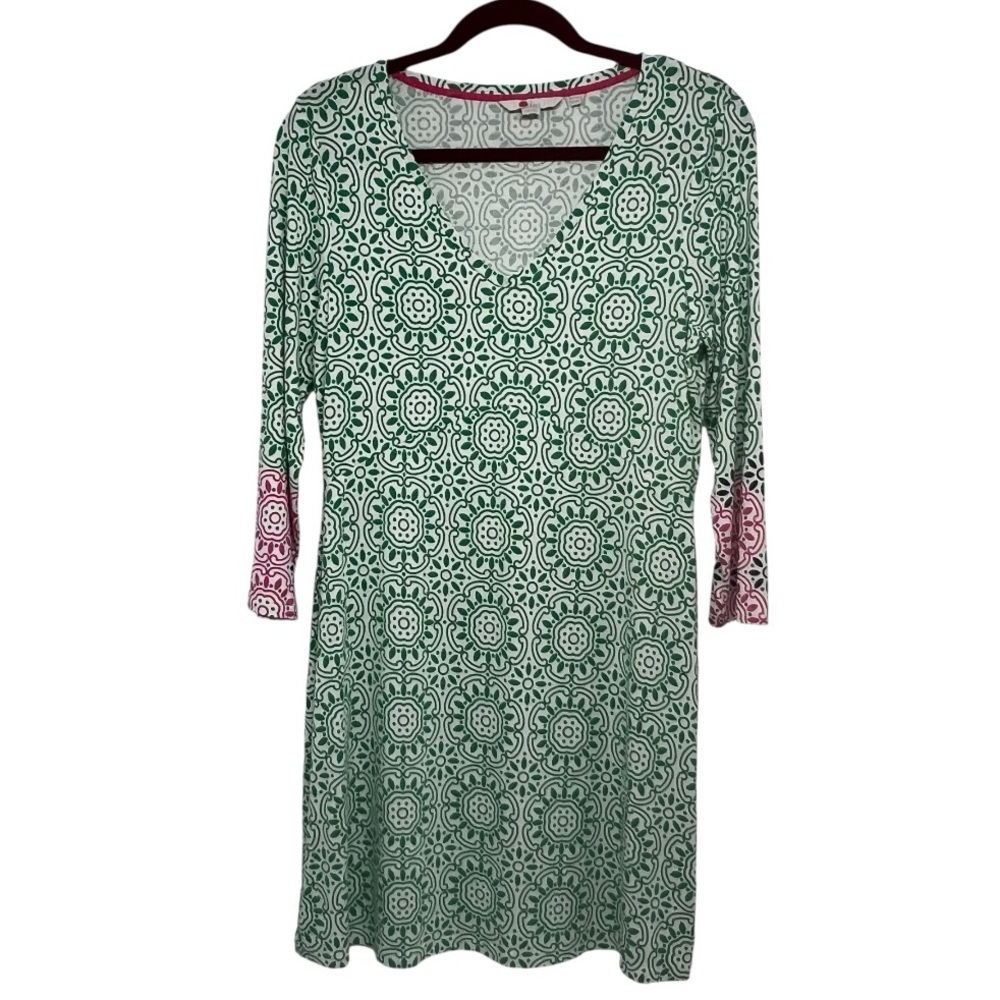 Boden Green & White Medallion Print V Neck Jersey Knit Tunic Mini Dress Womens 8 - Picture 3 of 10